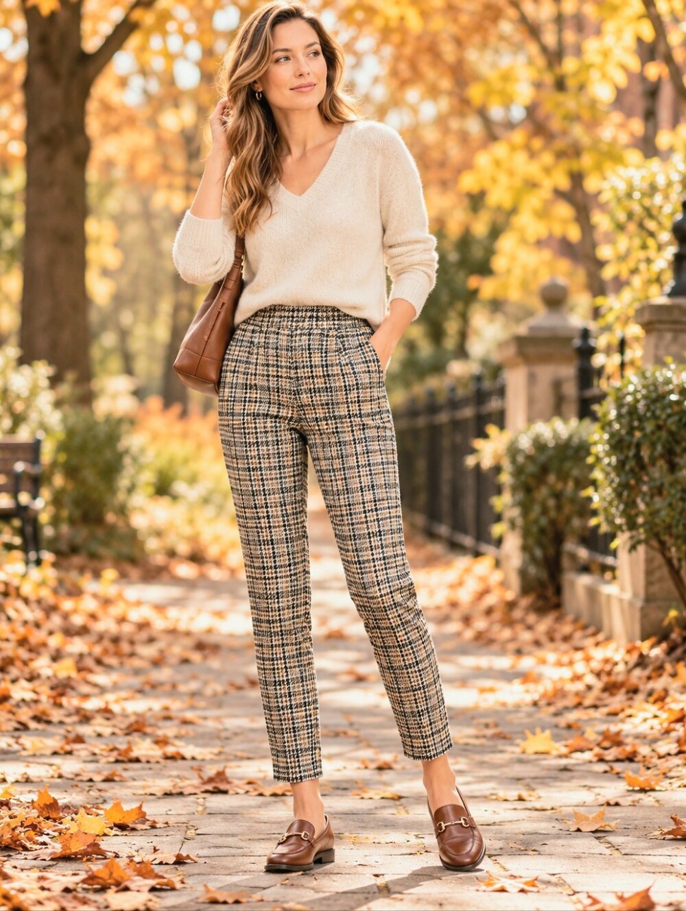 LOFT Beige Plaid Cropped Tapered Pants Soft Flannel Knit Elastic Back Comfy 8/10